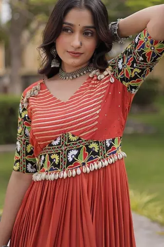 Navratri special rayon gown with kutchi gamthi embroidery & mirror work | 38–44 inch adjustable