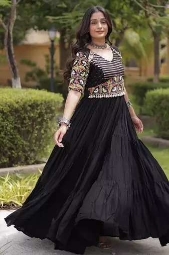 Navratri special rayon gown with kutchi gamthi embroidery & mirror work | 38–44 inch adjustable