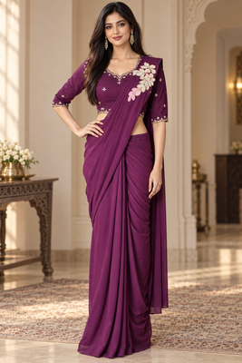 Women   s Georgette Floral Sequin Patch Ready to Wear Saree with Embroidered Stitched Designer Blouse  1