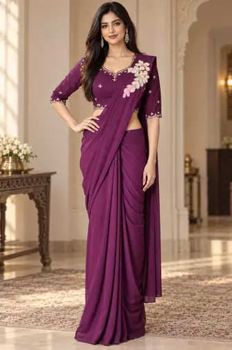 Women   s Georgette Floral Sequin Patch Ready to Wear Saree with Embroidered Stitched Designer Blouse 