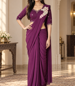 Women   s Georgette Floral Sequin Patch Ready to Wear Saree with Embroidered Stitched Designer Blouse 
