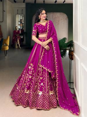 Pink Satin Embroidery Sequence work Lehenga Choli with Dupatta For Women  1