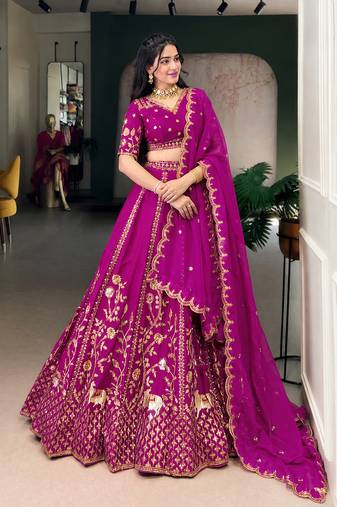 Pink Satin Embroidery Sequence work Lehenga Choli with Dupatta For Women 