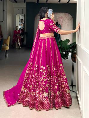 Pink Satin Embroidery Sequence work Lehenga Choli with Dupatta For Women  2