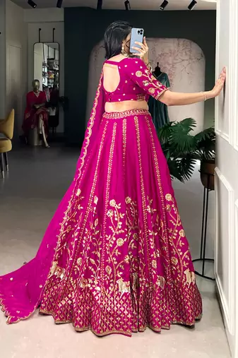 Pink Satin Embroidery Sequence work Lehenga Choli with Dupatta For Women 
