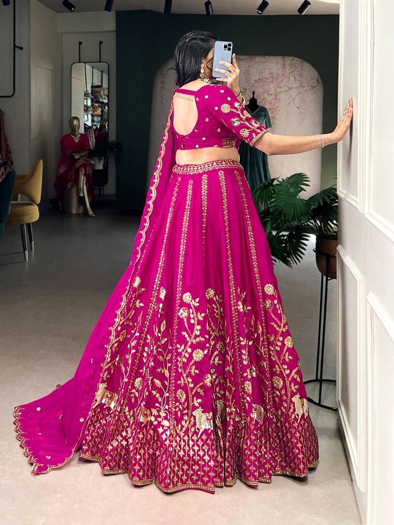 Pink Satin Embroidery Sequence work Lehenga Choli with Dupatta For Women 
