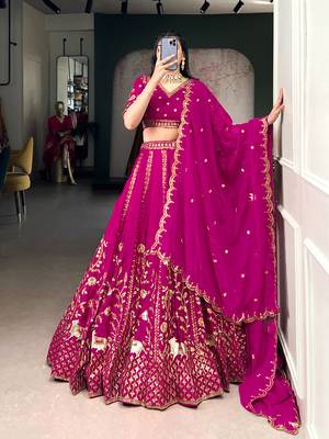 Pink Satin Embroidery Sequence work Lehenga Choli with Dupatta For Women  3