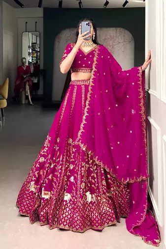 Pink Satin Embroidery Sequence work Lehenga Choli with Dupatta For Women 