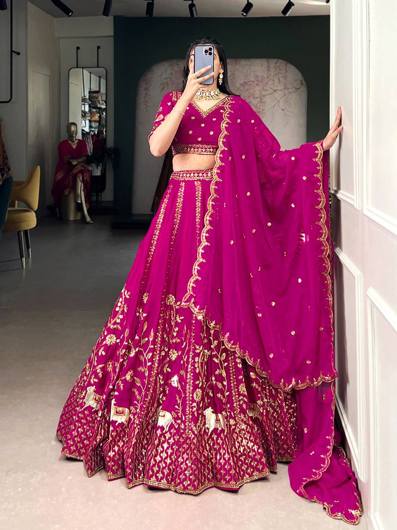 Pink Satin Embroidery Sequence work Lehenga Choli with Dupatta For Women 