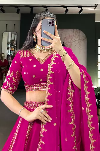 Pink Satin Embroidery Sequence work Lehenga Choli with Dupatta For Women 