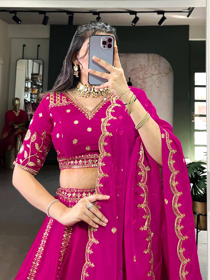 Pink Satin Embroidery Sequence work Lehenga Choli with Dupatta For Women 
