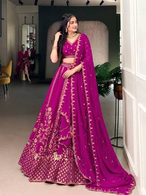 Pink Satin Embroidery Sequence work Lehenga Choli with Dupatta For Women  5