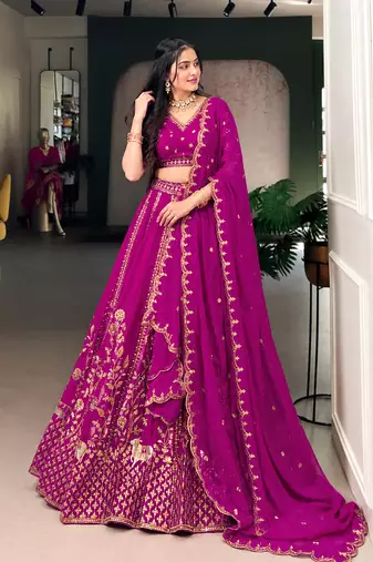 Pink Satin Embroidery Sequence work Lehenga Choli with Dupatta For Women 