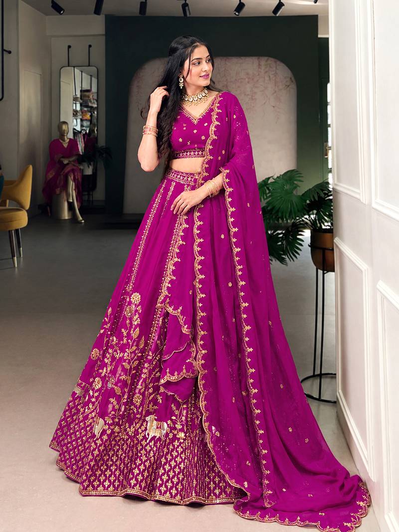 Pink Satin Embroidery Sequence work Lehenga Choli with Dupatta For Women 