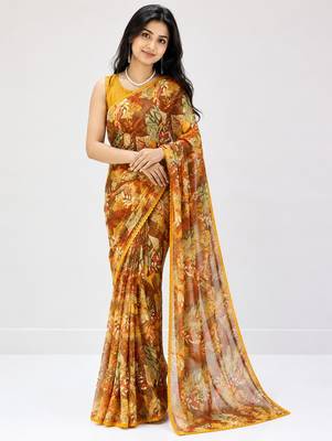 Mustard color weightless floral printed sarees with unstitched blouse 1