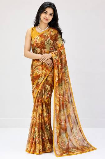 Mustard color weightless floral printed sarees with unstitched blouse