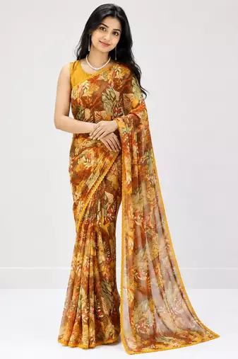 Mustard color weightless floral printed sarees with unstitched blouse