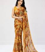 Mustard color weightless floral printed sarees with unstitched blouse