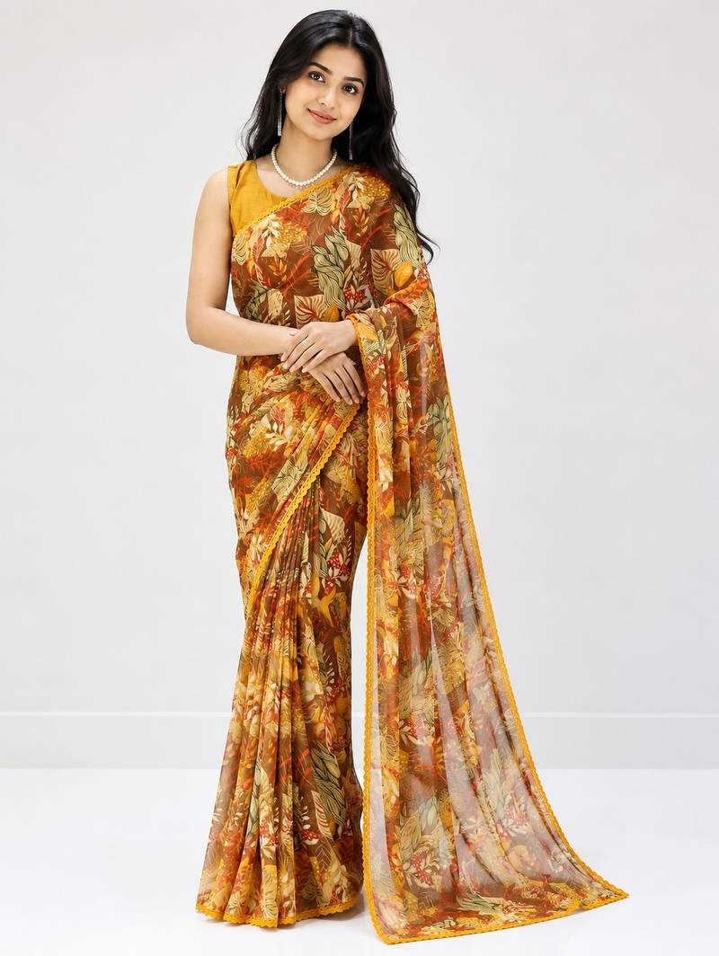 Mustard color weightless floral printed sarees with unstitched blouse