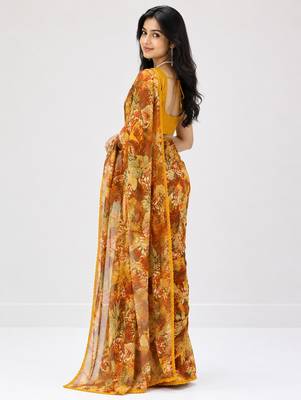 Mustard color weightless floral printed sarees with unstitched blouse 2