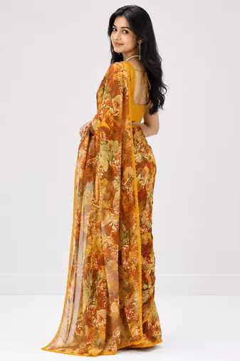 Mustard color weightless floral printed sarees with unstitched blouse