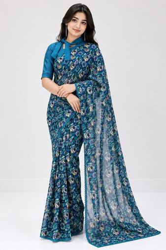 Neavy-blue color weightless floral printed sarees with unstitched blouse