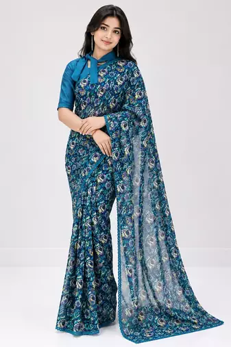 Neavy-blue color weightless floral printed sarees with unstitched blouse