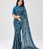 Neavy-blue color weightless floral printed sarees with unstitched blouse