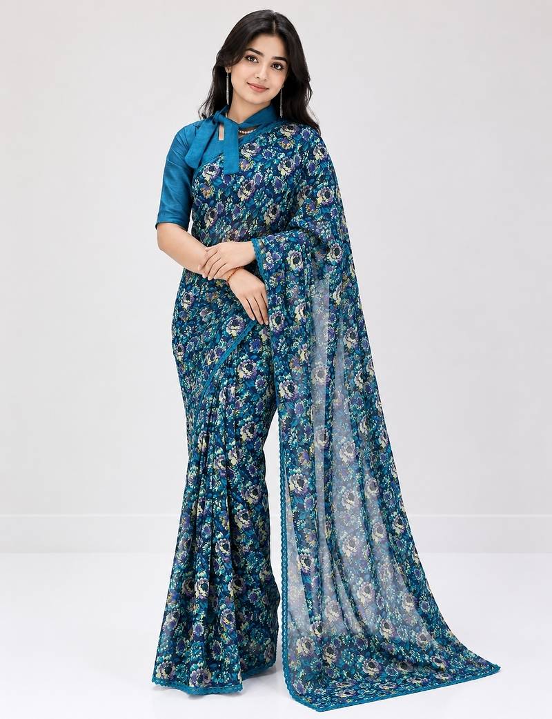 Neavy-blue color weightless floral printed sarees with unstitched blouse