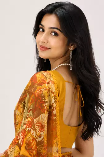 Mustard color weightless floral printed sarees with unstitched blouse