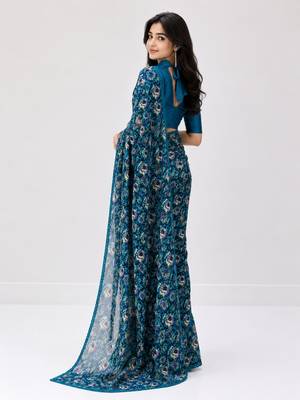 Neavy-blue color weightless floral printed sarees with unstitched blouse 2