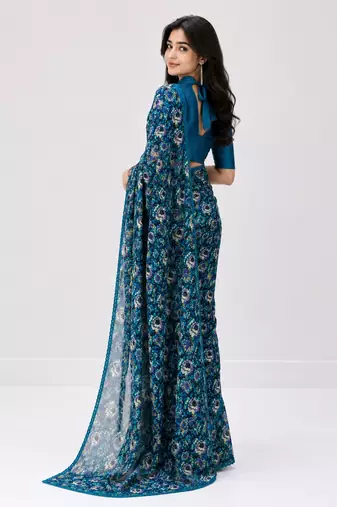 Neavy-blue color weightless floral printed sarees with unstitched blouse