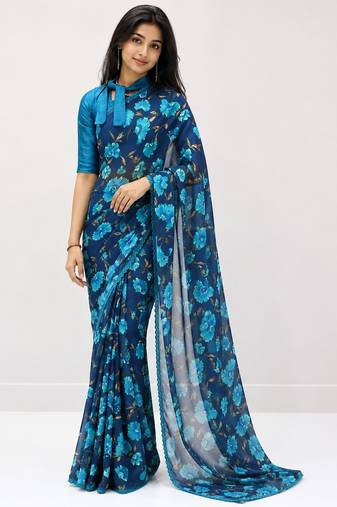 Sky color weightless floral printed sarees with unstitched blouse