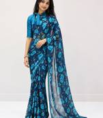 Sky color weightless floral printed sarees with unstitched blouse