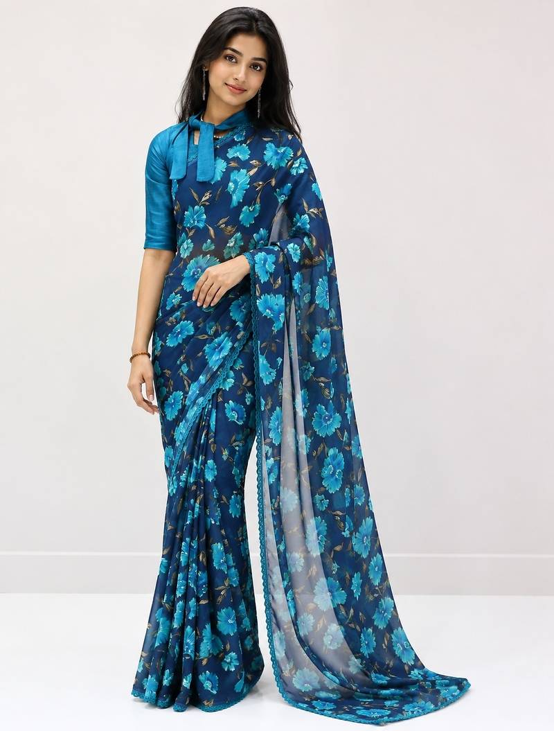 Sky color weightless floral printed sarees with unstitched blouse