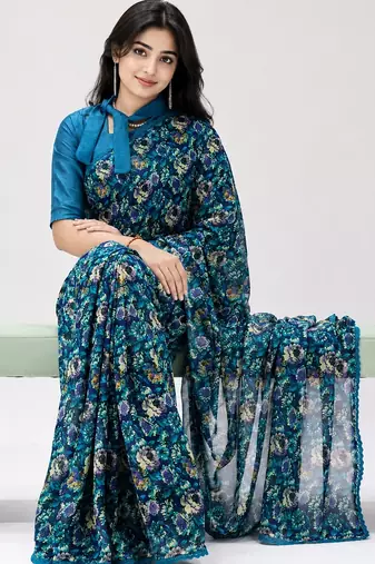 Neavy-blue color weightless floral printed sarees with unstitched blouse