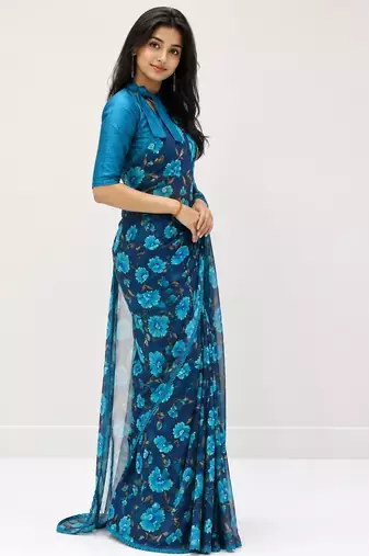 Sky color weightless floral printed sarees with unstitched blouse