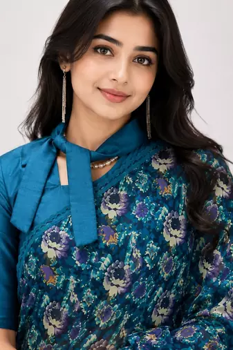 Neavy-blue color weightless floral printed sarees with unstitched blouse