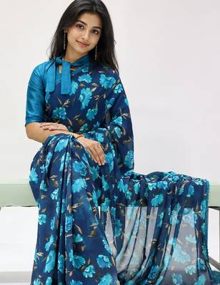 Sky color weightless floral printed sarees with unstitched blouse 3