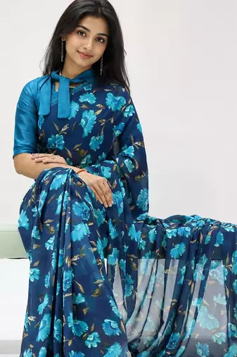 Sky color weightless floral printed sarees with unstitched blouse