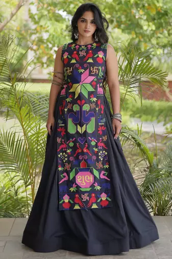 Fabulous Black Cotton Navratri Wear Lehenga With Thread Work Blouse