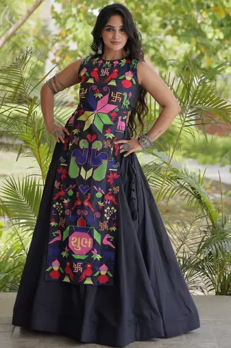 Fabulous Black Cotton Navratri Wear Lehenga With Thread Work Blouse