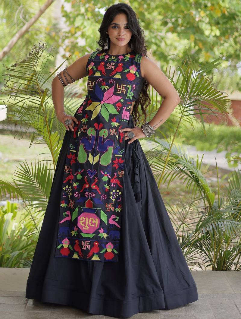 Fabulous Black Cotton Navratri Wear Lehenga With Thread Work Blouse