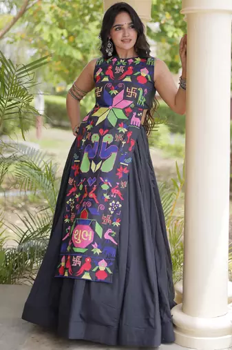 Fabulous Black Cotton Navratri Wear Lehenga With Thread Work Blouse