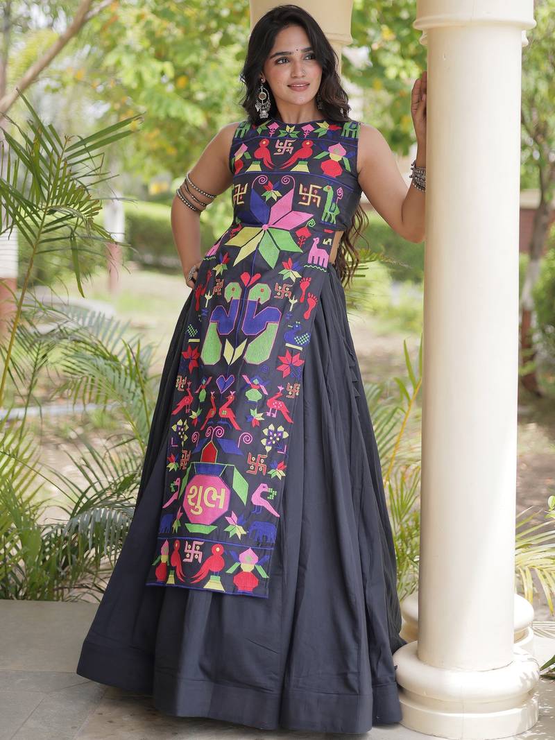 Fabulous Black Cotton Navratri Wear Lehenga With Thread Work Blouse