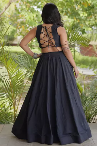 Fabulous Black Cotton Navratri Wear Lehenga With Thread Work Blouse