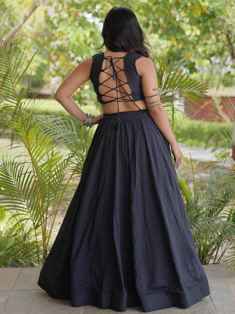 Fabulous Black Cotton Navratri Wear Lehenga With Thread Work Blouse