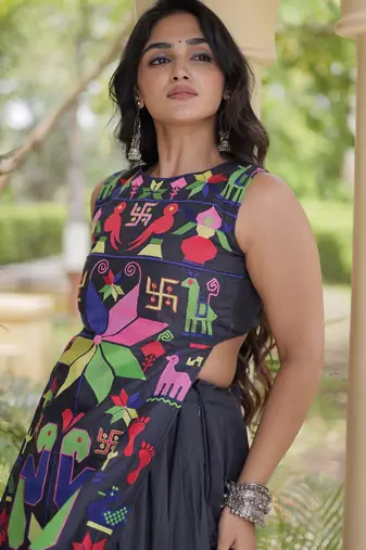 Fabulous Black Cotton Navratri Wear Lehenga With Thread Work Blouse