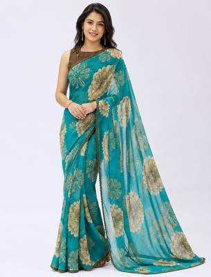 Rama color weightless floral printed sarees with unstitched blouse 1