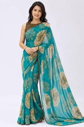 Rama color weightless floral printed sarees with unstitched blouse